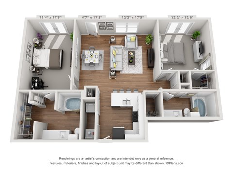 Floor plan for 2 beds, 2 baths, 1170 sqft